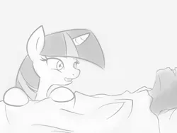 Size: 800x600 | Tagged: safe, artist:vulapa, derpibooru import, twilight sparkle, oc, oc:anon, human, bed, cyoa, cyoa:life in ponyville, eager, excited, grayscale, hospital, hospital bed, monochrome, story included