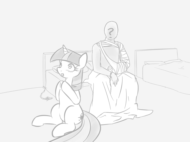 Size: 800x600 | Tagged: safe, artist:vulapa, derpibooru import, twilight sparkle, oc, oc:anon, human, arm cast, bandage, blanket, blushing, cyoa, cyoa:life in ponyville, grayscale, hospital, monochrome, story included