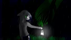 Size: 1920x1080 | Tagged: safe, artist:eclipsepenumbra, derpibooru import, oc, oc:eclipse penumbra, unofficial characters only, anthro, bat pony, dark, forest, glowing eyes, green eyes, lantern, night, rain, sledgehammer