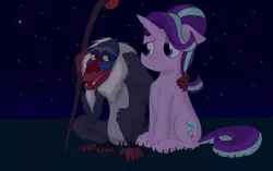 Size: 3492x2190 | Tagged: safe, artist:megaanimationfan, derpibooru import, starlight glimmer, pony, unicorn, crossover, cute, disney, duo, mandrill, night, rafiki, signature, sitting, the lion king