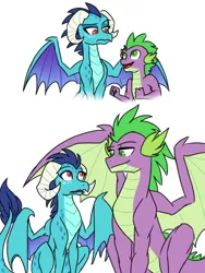 Size: 1536x2048 | Tagged: artist:tamersworld, bedroom eyes, blushing, cute, derpibooru import, dragon, emberspike, eye contact, female, frown, gauntlet of fire, male, older, older spike, open mouth, princess ember, safe, shipping, smiling, smirk, spike, spread wings, straight, wide eyes, winged spike, wings