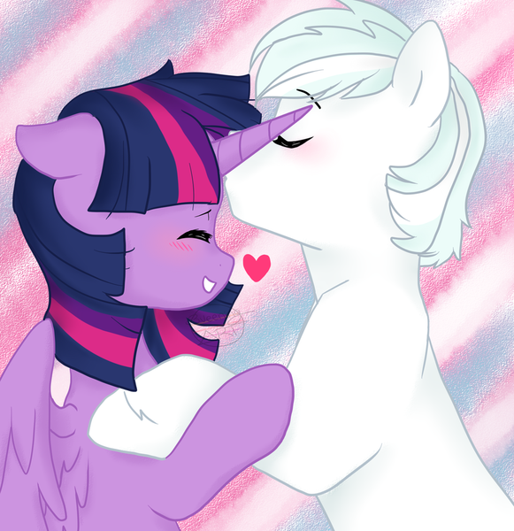 Size: 900x930 | Tagged: safe, artist:h0mi3, derpibooru import, double diamond, twilight sparkle, twilight sparkle (alicorn), alicorn, pony, blushing, crack shipping, cute, daaaaaaaaaaaw, diamondlight, double dawwmond, female, heart, kissing, male, mare, nuzzling, shipping, straight, twiabetes