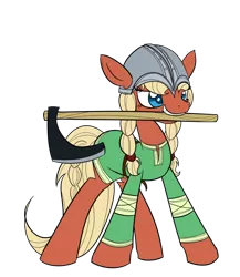 Size: 704x810 | Tagged: safe, artist:casualcolt, derpibooru import, oc, oc:valkyria, unofficial characters only, earth pony, pony, axe, braid, braided tail, clothes, female, helmet, mare