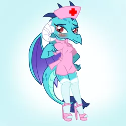 Size: 2400x2400 | Tagged: adorasexy, artist:pyruvate, blushing, clothes, cute, derpibooru import, dragon, dragoness, emberbetes, female, gauntlet of fire, high heels, nurse, nurse outfit, princess ember, sandals, sexy, socks, solo, solo female, stockings, suggestive, thigh highs, tsundember, tsundere