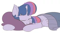 Size: 1200x668 | Tagged: safe, artist:tentinythimbles, derpibooru import, twilight sparkle, twilight sparkle (alicorn), alicorn, pony, blanket, cute, female, mare, pillow, prone, simple background, sleeping, solo, twiabetes