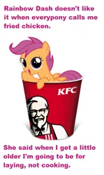 Size: 379x638 | Tagged: suggestive, derpibooru import, rainbow dash, scootaloo, chicken, pegasus, pony, beating a dead horse, double entendre, exploitable meme, female, filly, image macro, implied lesbian, implied sex, innuendo, joke, kfc, meme, scootachicken, solo