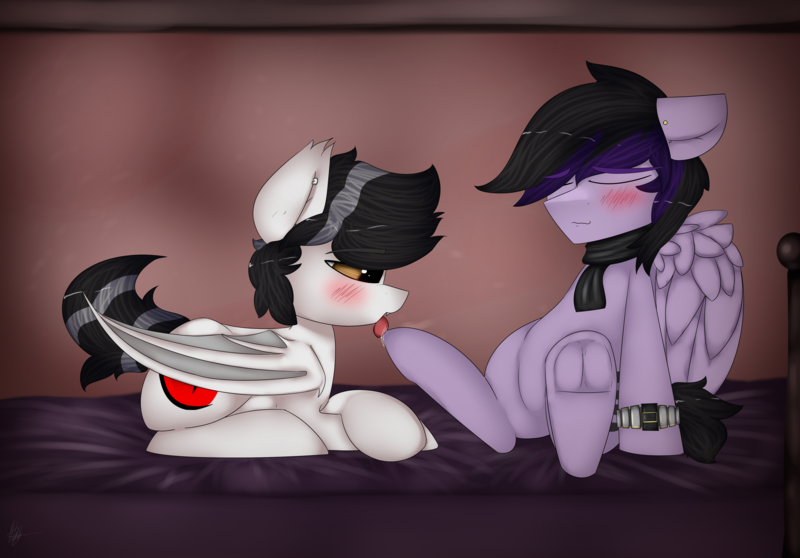 Size: 4396x3065 | Tagged: questionable, artist:mangticore, derpibooru import, oc, oc:kamaji, oc:thunder wave, unofficial characters only, pegasus, pony, vampony, bed, blushing, clothes, commission, couple, drool, ear piercing, eyes closed, gay, hoof fetish, hoof licking, image, male, piercing, png, prone, scarf, tongue out, underhoof, watch