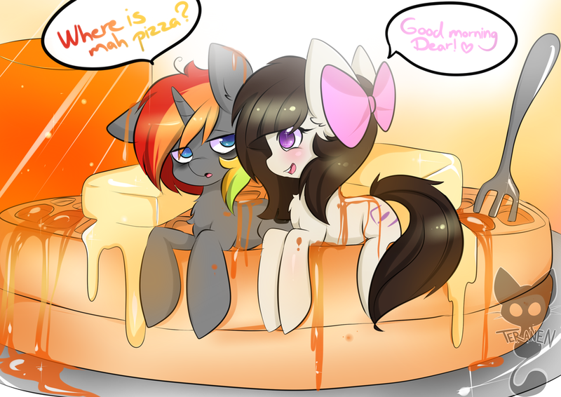 Size: 1024x724 | Tagged: artist:teranen, butter, colored pupils, dead source, derpibooru import, food, fork, juice, kryggie, oc, oc:aggie, oc:krylone, orange juice, ponies in food, rainbow hair, safe, syrup, unofficial characters only, waffle