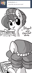 Size: 1096x2480 | Tagged: safe, artist:tjpones, derpibooru import, oc, oc:brownie bun, oc:fluffle puff, unofficial characters only, earth pony, human, pony, horse wife, ask, book, cheek fluff, comic, ear fluff, female, grayscale, mare, monochrome, reading, shiny bald head, simple background, tumblr, white background