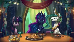 Size: 4112x2312 | Tagged: safe, artist:alumx, derpibooru import, princess celestia, princess luna, twilight sparkle, twilight sparkle (alicorn), alicorn, pony, gauntlet of fire, female, food, lemon, mare, pancakes, royal sisters, scene interpretation, table