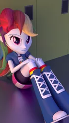 Size: 2560x4551 | Tagged: safe, artist:creatorofpony, artist:thespahthatspies, derpibooru import, rainbow dash, equestria girls, 3d, 3d model, absurd resolution, blender, boots, canterlot high, clothes, compression shorts, cute, dashabetes, leaning, lockers, shorts, sitting, skirt, smiling, socks, solo