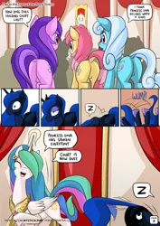 Size: 955x1351 | Tagged: safe, artist:mysticalpha, derpibooru import, amethyst star, dizzy twister, linky, orange swirl, princess celestia, princess luna, shoeshine, alicorn, earth pony, pony, unicorn, comic:day in the lives of the royal sisters, comic, crown, cute, cutelestia, dialogue, dock, eyes closed, face down ass up, featureless crotch, female, horseshoes, jewelry, lunabetes, magic, mare, open mouth, peytral, pictogram, plot, regalia, royal sisters, sleeping, speech bubble, tail pull, telekinesis, wide eyes, wump, z, zzz