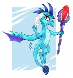 Size: 1490x1600 | Tagged: artist:joakaha, bloodstone scepter, derpibooru import, dragon, dragoness, dragon lord ember, floating, gauntlet of fire, princess ember, safe, signature, smiling, solo, waving