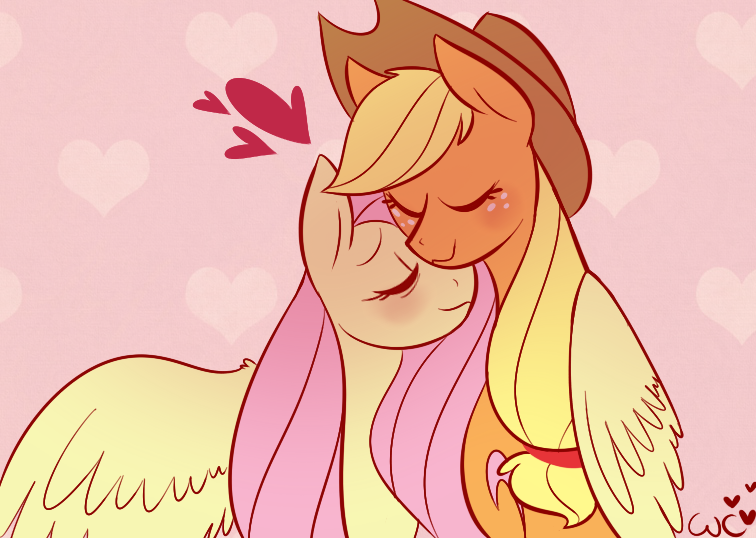 Size: 756x538 | Tagged: applejack, appleshy, artist:waackery, derpibooru import, eyes closed, female, fluttershy, heart, hug, lesbian, neck nuzzle, nuzzling, safe, shipping, winghug