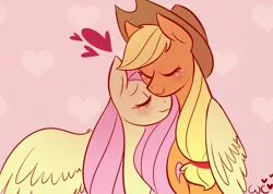 Size: 756x538 | Tagged: applejack, appleshy, artist:waackery, derpibooru import, eyes closed, female, fluttershy, heart, hug, lesbian, neck nuzzle, nuzzling, safe, shipping, winghug