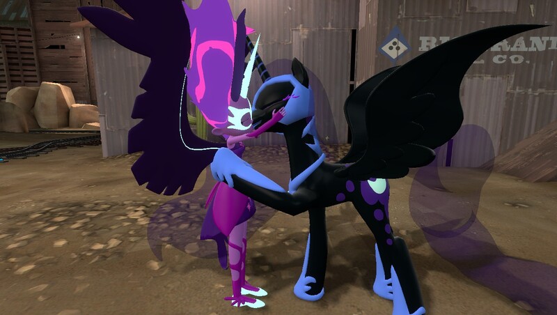 Size: 1360x768 | Tagged: safe, artist:mk513, derpibooru import, nightmare moon, sci-twi, twilight sparkle, human, pony, equestria girls, 3d, female, gmod, human on pony action, interspecies, kissing, lesbian, midnight sparkle, midnightmare, shipping, twimoon