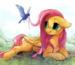 Size: 1800x1545 | Tagged: safe, artist:rocy canvas, derpibooru import, fluttershy, bird, pegasus, pony, cute, female, floppy ears, folded wings, grass, hair styling, looking at something, mane styling, mare, outdoors, prone, shyabetes, smiling, solo, wings