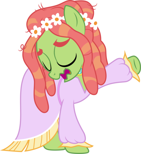 Size: 3169x3449 | Tagged: safe, artist:cloudyglow, derpibooru import, tree hugger, earth pony, pony, make new friends but keep discord, .ai available, clothes, dress, eyes closed, female, gala dress, hippie horse noises, horse noises, mare, meme, open mouth, raised hoof, simple background, solo, transparent background, vector, wavy mouth