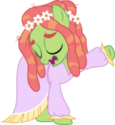 Size: 3169x3449 | Tagged: safe, artist:cloudyglow, derpibooru import, tree hugger, earth pony, pony, make new friends but keep discord, .ai available, clothes, dress, eyes closed, female, gala dress, hippie horse noises, horse noises, mare, meme, open mouth, raised hoof, simple background, solo, transparent background, vector, wavy mouth