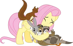 Size: 4000x2522 | Tagged: safe, artist:vulthuryol00, derpibooru import, fluttershy, chipmunk, duck, ferret, mouse, pegasus, pony, rabbit, squirrel, the hooffields and mccolts, .svg available, animal, cute, hug, shyabetes, simple background, transparent background, vector