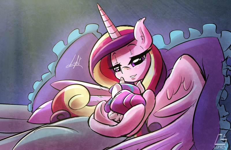 Size: 1248x811 | Tagged: safe, artist:light262, derpibooru import, princess cadance, princess flurry heart, alicorn, pony, baby, baby blanket, baby pony, bed, cradling, cute, duo, female, holding a baby, holding a pony, lidded eyes, mama cadence, mother and child, mother and daughter, pillow, signature, sleepy eyes, smiling, swaddled baby