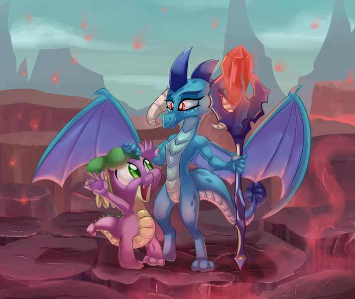 Size: 4000x3365 | Tagged: safe, artist:discorded, derpibooru import, princess ember, spike, dragon, gauntlet of fire, armpits, bloodstone scepter, dragon lord ember, female, male, open mouth, scene interpretation