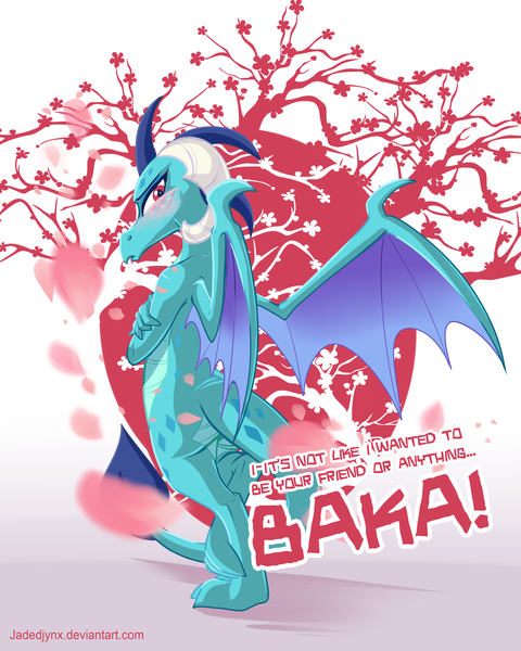 Size: 3600x4500 | Tagged: artist:jadedjynx, ass, baka, blushing, cherry blossoms, derpibooru import, dragon, female, flower, flower blossom, gauntlet of fire, princess ember, safe, solo, tsundember, tsundere