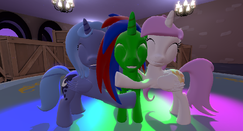 Size: 882x474 | Tagged: safe, artist:christian69229, derpibooru import, princess celestia, princess luna, oc, oc:christian clefnote, alicorn, pony, 3d, alicorn oc, eyes closed, female, filly, filly celestia, filly luna, group, group snuggles, hug, royal sisters, smiling, snuggling, source filmmaker, woona, younger