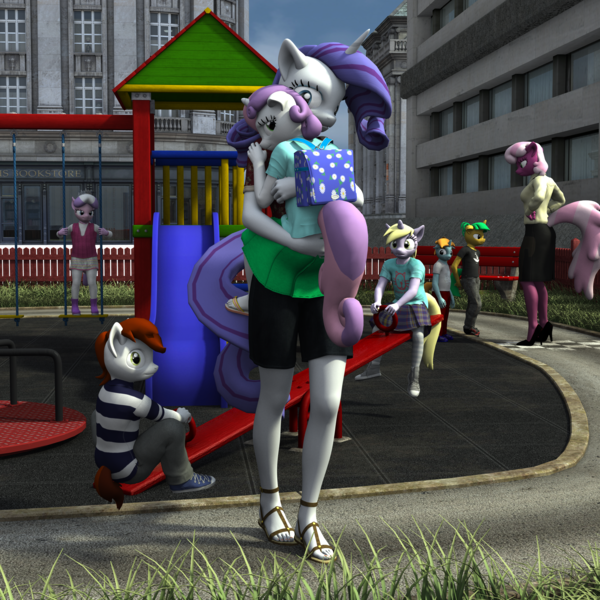 Size: 2000x2000 | Tagged: 3d, anthro, artist:tahublade7, carrying, cheerilee, clothes, comforting, daz studio, derpibooru import, diamond tiara, dinky hooves, feet, high heels, hug, leggings, mama rarity, marionette, pipsqueak, plantigrade anthro, playground, rarity, sad, safe, sandals, seesaw, shirt, sisters, skirt, slide, snails, snips, socks, striped socks, sweetie belle, when you see it