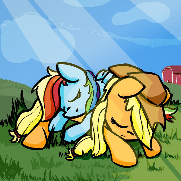 Size: 1050x1050 | Tagged: safe, artist:davierocket, derpibooru import, applejack, rainbow dash, appledash, barn, female, grass, hat, lesbian, shipping, sleep pile, sleeping, sunlight