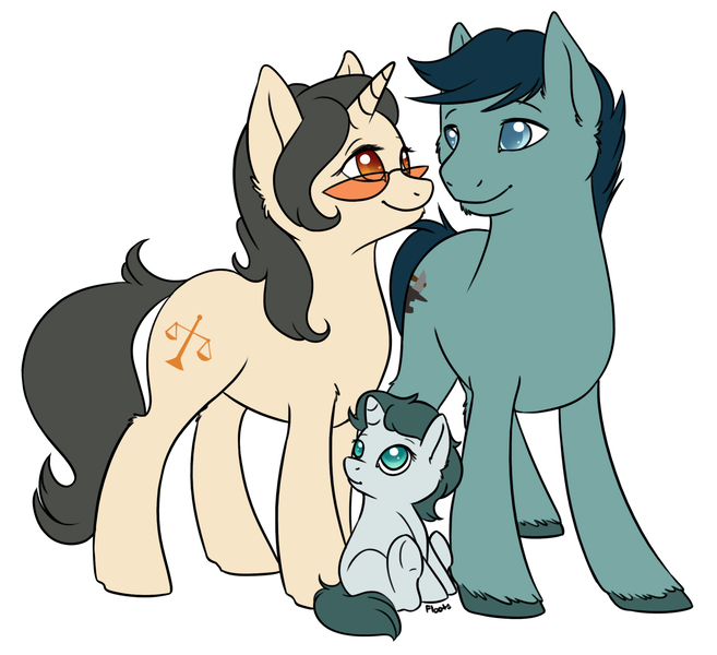 Size: 2154x1968 | Tagged: safe, artist:floots, derpibooru import, oc, oc:amber scales, oc:aquaria lance, oc:iron forge, unofficial characters only, earth pony, pony, unicorn, fallout equestria, family, foal, love, male, stallion