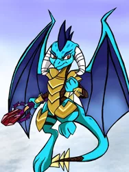 Size: 844x1125 | Tagged: armor, artist:naivintage, bloodstone scepter, derpibooru import, dragon, dragon armor, dragon lord ember, gauntlet of fire, princess ember, safe, sky, solo