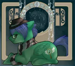 Size: 4000x3500 | Tagged: safe, artist:segraece, derpibooru import, oc, oc:swiftnote, unofficial characters only, pegasus, pony, commission, cute, fanart, fixed, hat, lying down, male, modern art, music, music notes, nouveau, sleeping, solo, updated
