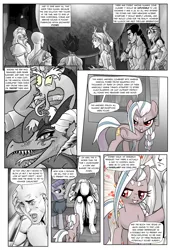 Size: 1309x1920 | Tagged: safe, artist:pencils, derpibooru import, discord, maud pie, oc, oc:anon, oc:papyra maroon, draconequus, dragon, earth pony, human, pony, comic:anon's pie adventure, ancient humans, backstory, barefoot, bracer, comic, feet, female, filly, human male, male, mare