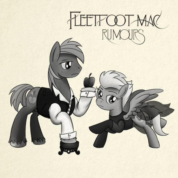 Size: 894x894 | Tagged: safe, artist:buckweiser, derpibooru import, big macintosh, fleetfoot, ponified, earth pony, pegasus, pony, album cover, apple, classic rock ponies, female, fleetmac, fleetwood mac, food, male, mare, music, parody, ponified album cover, pun, retro, rumours, shipping, shipping fuel, stallion, straight