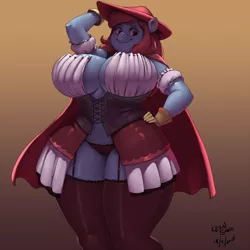 Size: 1280x1280 | Tagged: suggestive, alternate version, artist:kevinsano, derpibooru import, oc, oc:ruby blossom, unofficial characters only, anthro, absolute cleavage, anthro oc, big breasts, breasts, cape, cleavage, clothes, corset, curvy, female, gloves, hat, huge breasts, milf, panties, plump, smiling, socks, solo, solo female, thigh highs, underwear