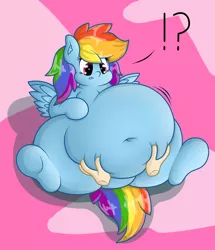 Size: 990x1151 | Tagged: artist:dullpoint, belly, belly button, belly lift, big belly, derpibooru import, disembodied hand, exclamation point, fat, interrobang, obese, question mark, rainbow dash, suggestive, tubby wubby pony waifu