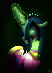 Size: 2885x4000 | Tagged: artist:digiko-kagami, changeling, character to character, derpibooru import, disguise, disguised changeling, evil grin, fake cadance, glowing eyes, glowing horn, princess cadance, queen chrysalis, safe, solo, speedpaint, transformation