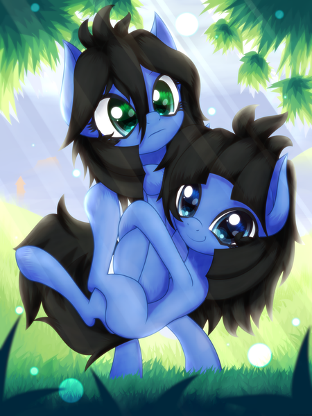 Size: 2160x2880 | Tagged: safe, artist:an-m, derpibooru import, oc, oc:abstract module, oc:reflect decrypt, unofficial characters only, pony, bipedal, crossed legs, female, grass, holding a pony, looking at you, mare, twins