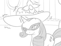 Size: 800x600 | Tagged: safe, artist:vulapa, derpibooru import, rarity, pony, unicorn, carousel boutique, cute, cyoa, cyoa:life in ponyville, glasses, glasses rarity, grayscale, hat, monochrome, smiling, solo, story included