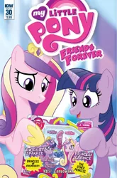 Size: 932x1414 | Tagged: safe, artist:tonyfleecs, derpibooru import, idw, princess cadance, twilight sparkle, twilight sparkle (alicorn), alicorn, pony, friends forever, spoiler:comic, spoiler:comicff30, best pony, brushable, comic, cover, disappointed, disapproval, female, hoof hold, kung fu grip, mare, meta, sad, smiling, toy