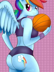 Size: 960x1280 | Tagged: anthro, artist:faakeid, ass, basketball, clothes, compression shorts, derpibooru import, female, large butt, looking back, midriff, no tail, rainbow dash, rainbutt dash, simple background, solo, solo female, sports bra, suggestive, wedgie, workout outfit, wristband