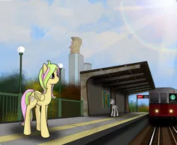 Size: 2400x1966 | Tagged: safe, artist:subway777, derpibooru import, oc, oc:mollydv, unnamed oc, unofficial characters only, earth pony, pegasus, pony, city, cityscape, crystaller building, female, lens flare, manehattan, mare, metro, subway, train