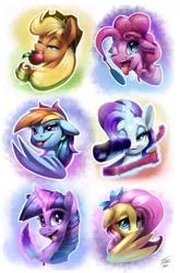 Size: 900x1366 | Tagged: safe, artist:tsitra360, derpibooru import, applejack, fluttershy, pinkie pie, rainbow dash, rarity, twilight sparkle, apple, bust, button, candy, food, hair hold, lollipop, magic, mane six, mouth hold, portrait, quill, ribbon, telekinesis, tongue out