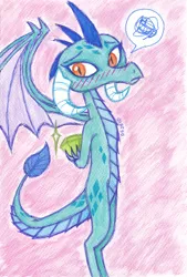 Size: 2188x3228 | Tagged: artist:dragonemperror2810, blushing, cute, derpibooru import, dragon, drawing, emberbetes, emberspike, female, gauntlet of fire, gem, looking at you, male, princess ember, safe, shipping, solo, spike, straight, traditional art, tsundember, tsundere
