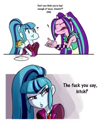 Size: 1752x2144 | Tagged: safe, artist:ponut_joe, derpibooru import, aria blaze, sonata dusk, equestria girls, clothes, exclamation point, female, food, open mouth, question mark, sonataco, taco, that girl sure loves tacos, this will end in tears, vulgar
