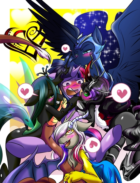 Size: 1604x2104 | Tagged: artist:0ryomamikado0, blushing, changeling, changeling queen, chrysmoonlight, derpibooru import, discolight, discord, duskeris, duskmoon, dusksalis, dusk shine, dusk shine gets all the mares, dusk shine gets all the villainesses, eris, fanfic, fanfic art, fanfic cover, female, half r63 shipping, harem, harem ending, harem of villainesses, heart, king sombra, lucky bastard, male, nightmare moon, pictogram, queen chrysalis, queen umbra, rule 63, shipping, straight, suggestive, surrounded, this will end in snu snu, this will end in tears, tsundere, tsundere moon, twibra, twiharem, twilight's harem, twilight sparkle, twimoon, twisalis, umbrashine