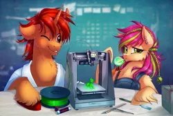 Size: 2335x1567 | Tagged: safe, artist:limreiart, derpibooru import, oc, unofficial characters only, earth pony, pony, unicorn, 3d printer, braid, bubblegum, clothes, food, knife, looking at you, overalls, piercing, pvc, russian, shirt, tools, tweezers, unshorn fetlocks