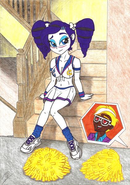 Size: 4918x6993 | Tagged: suggestive, artist:metaldudepl666, derpibooru import, part of a set, rarity, trenderhoof, equestria girls, absurd resolution, alternate hairstyle, belly button, big breasts, blushing, breasts, busty rarity, cheerleader, crayon drawing, drill hair, eyeshadow, female, fetish, front knot midriff, heart, lidded eyes, makeup, male, midriff, offscreen character, pigtails, pom pom, rarihoof, shipping, sitting, sneakers, sneakers fetish, stairs, straight, traditional art