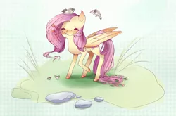 Size: 910x600 | Tagged: safe, artist:tilling-tan, derpibooru import, fluttershy, bird, pegasus, pony, :i, abstract background, cute, eyes closed, female, flower, folded wings, grass, large wings, mare, mouth hold, nom, raised hoof, rock, shyabetes, smiling, solo, wings